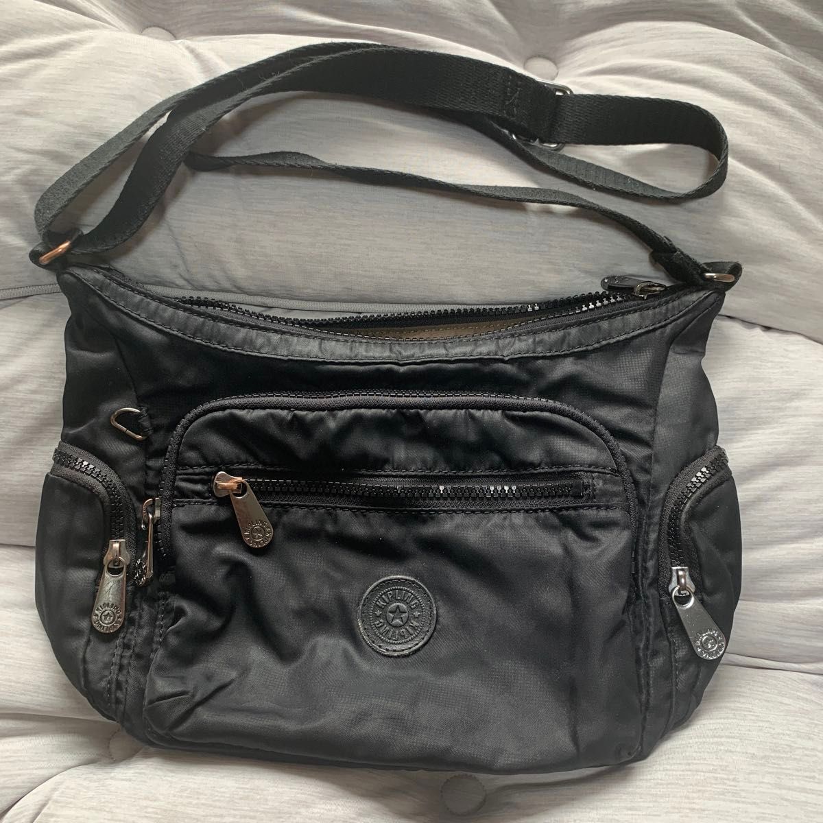 Kipling shoulder bag, black nylon, with monkey charm