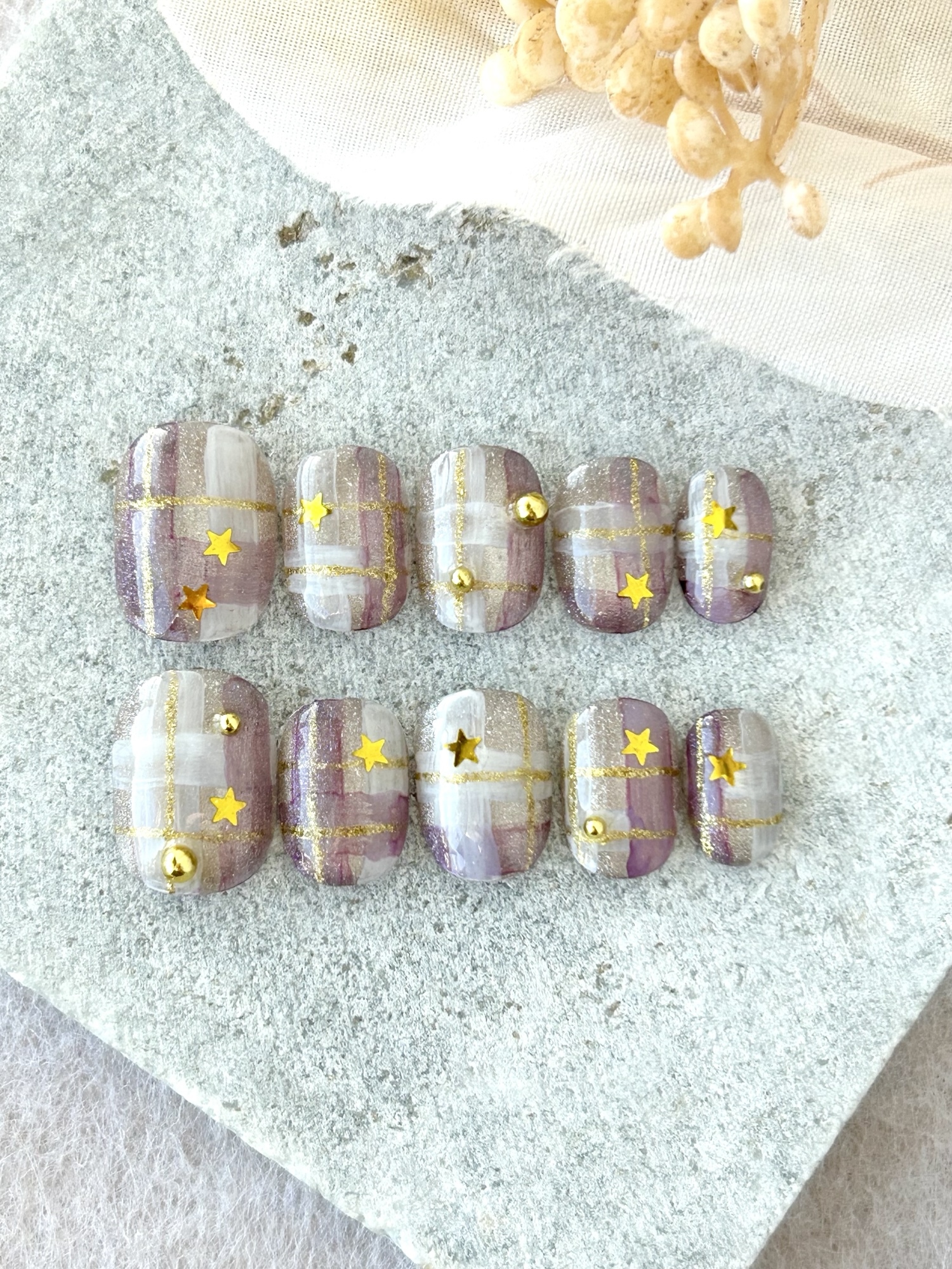 [[Reissue] Autumn Check Pattern & Star Nail Tips / Halloween / [Actual Item Sale / Next-Day Shipping Available (M Size)])】