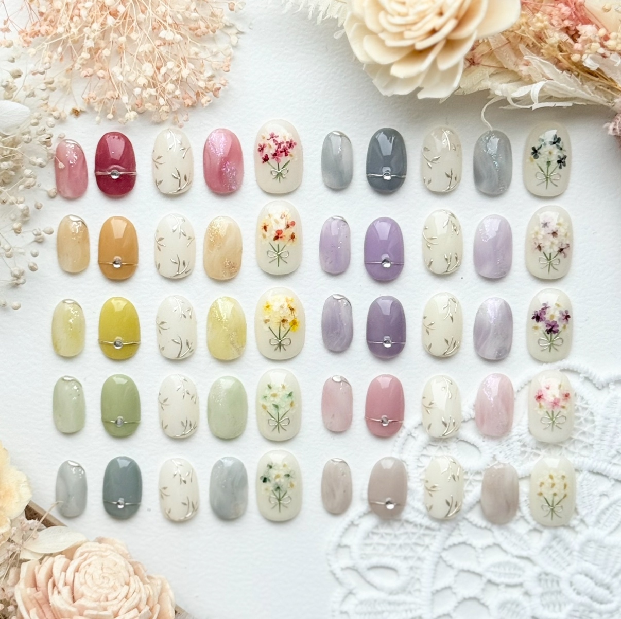 【Featured Article: Pressed Flower Nail Tips in 10 Colors 💐 Fave Nail / Fave Activity / Red / Orange / Yellow / Green / Light Blue / Blue / Lavender / Purple / Pink / White / Flower Nail