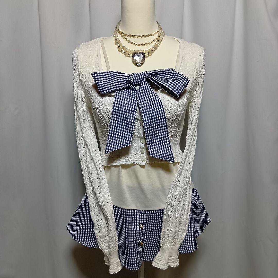 女士轴线 姫萝莉 姫辣妹 格纹 大蝴蝶结吊带开衫