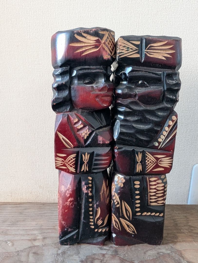 Ainu Wood Carved Figurine Ornament Pair Traditional Craft Nipopo Doll