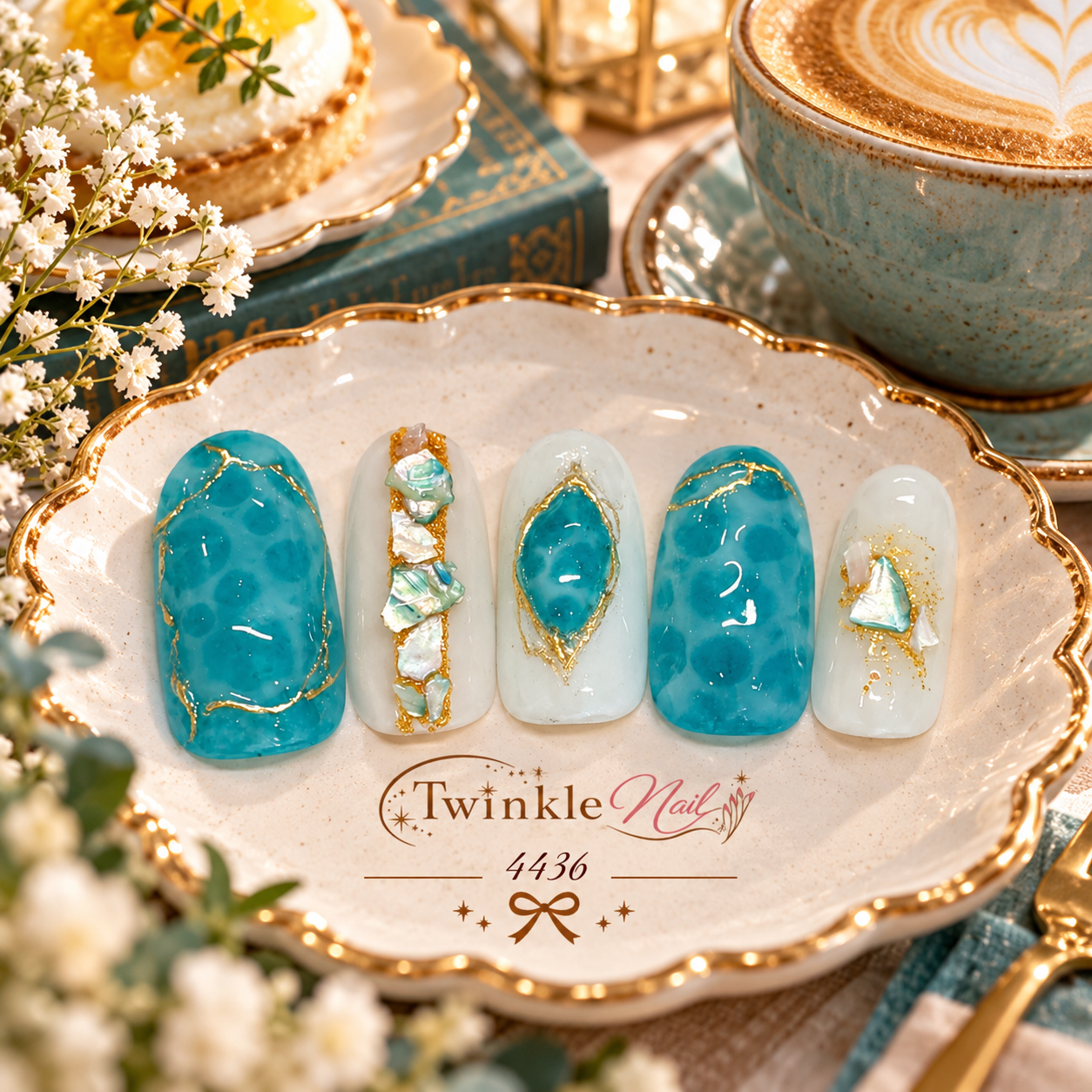 【[Size Customization] Turquoise Blue × Natural Stone Effect Nail Art | Elegant Shell & Gold Adult Chic Nail Tips #4436