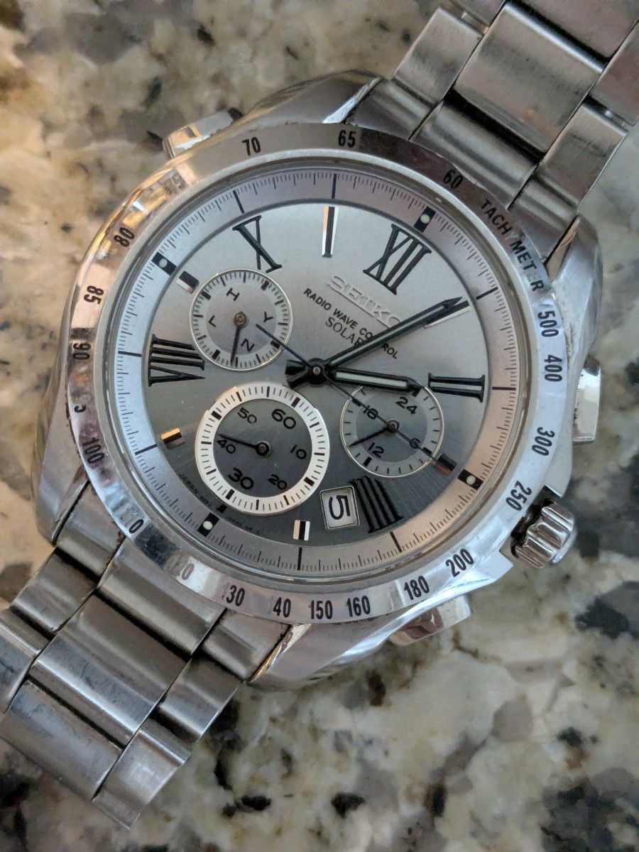 精工 SEIKO BRIGHTZ 电波太阳能计时码表 银色表盘 男士腕表
