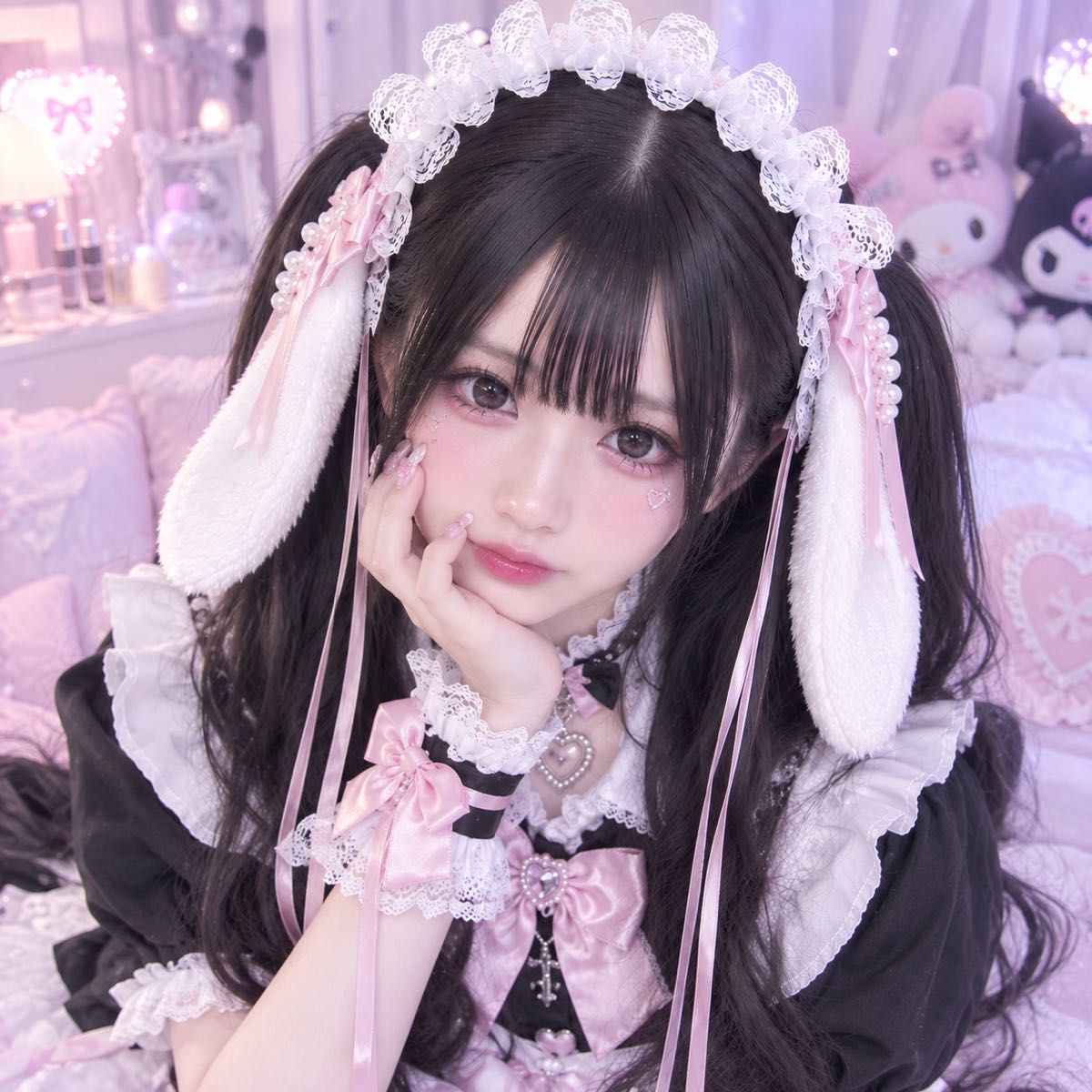うさ耳ヘッドドレス ロリータ レース リボン ピンク ホワイト コスプレ コスプレ小物 ハロウィン 【残り2点のみ】