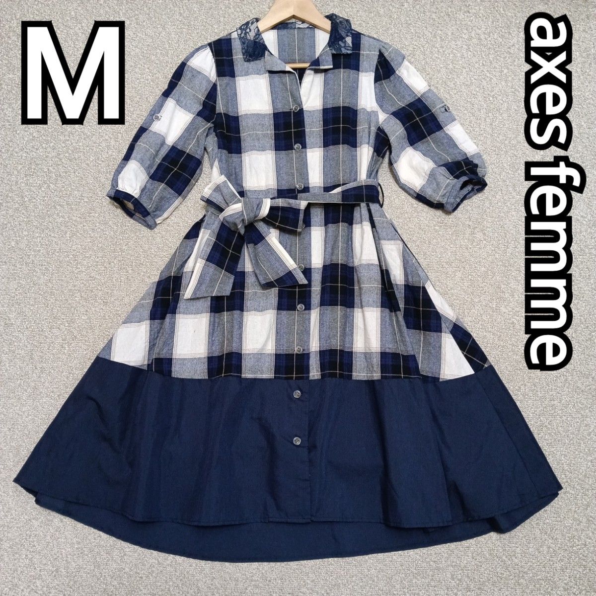 axes femme 阿克西丝女装 格纹五分袖连衣裙 M码