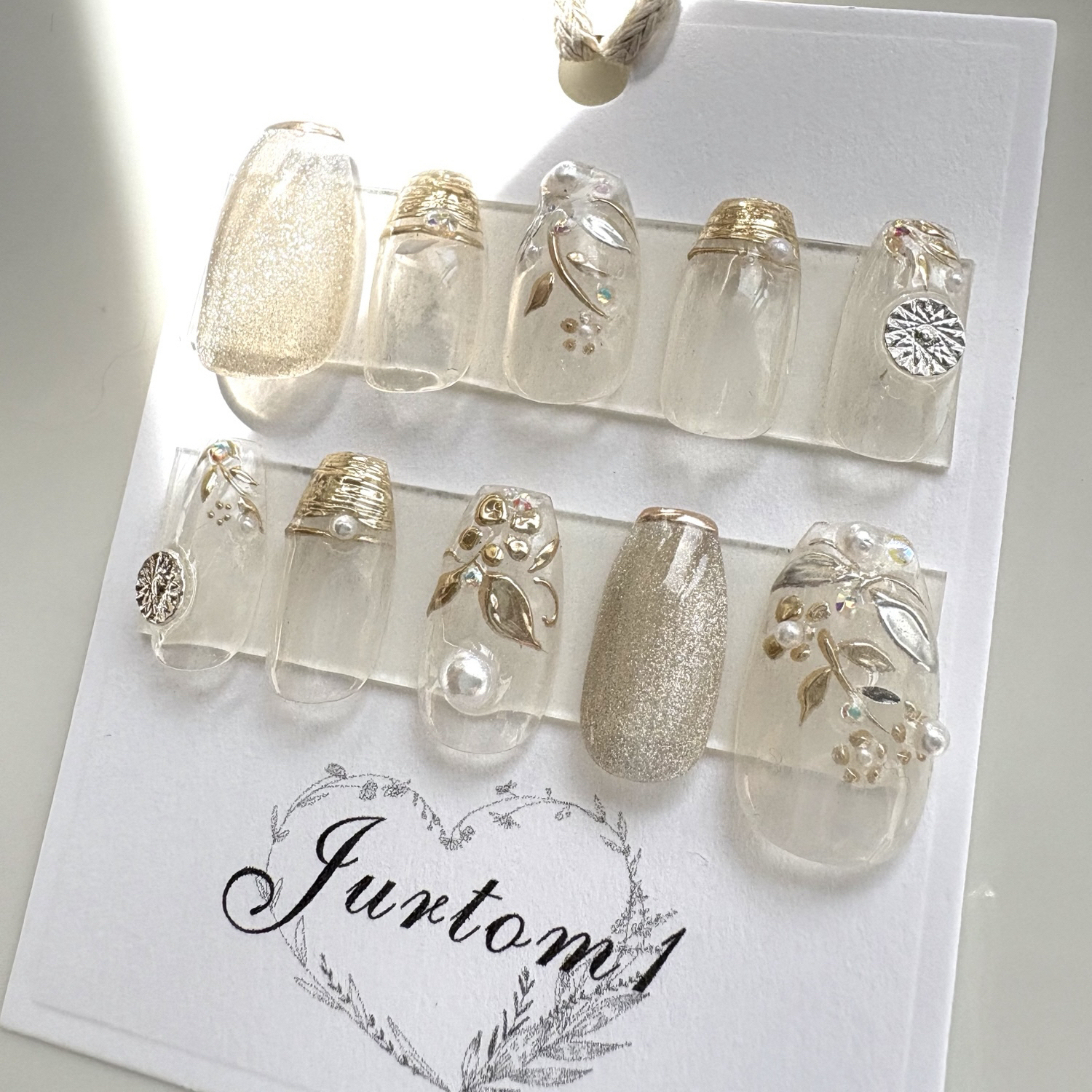 【Silver Gold Leaf Nail Tips / Summer Nails / Pearl Nails / Gold Nails / Silver Gold Nails / Bridal Nails / Coming-of-Age Ceremony Nails