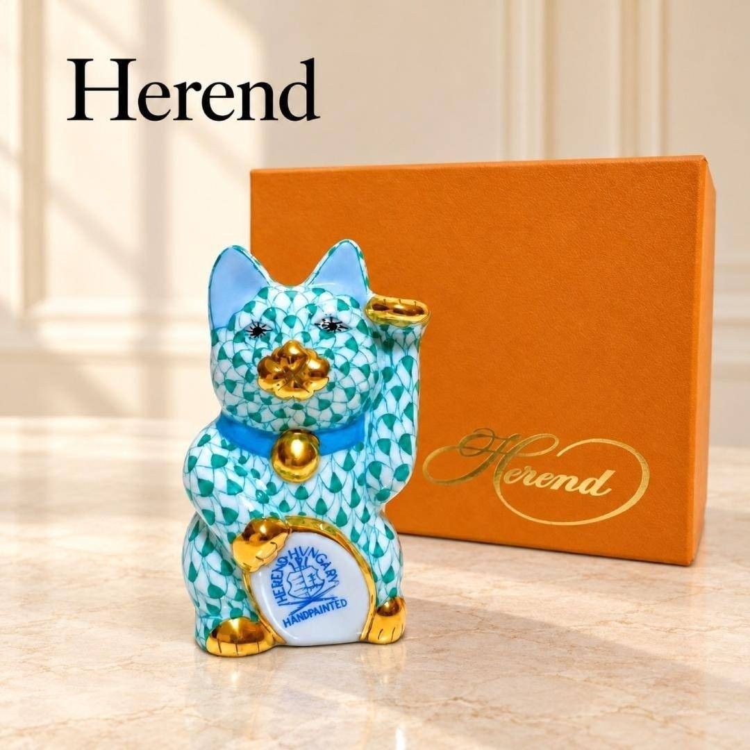 希少 箱付 ヘレンド Herend 招き猫 ビューヘレンド グリーン フィギュリン 置物 まねきねこ ラッキーキャット