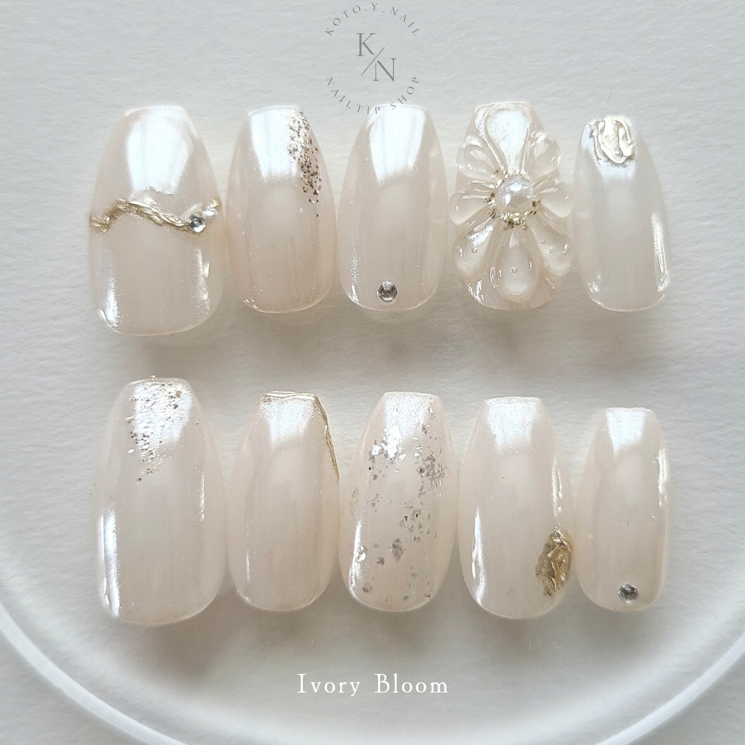 Ivory Bloom Nail Tips, Nuance Nails, Bridal, Wedding, Bride, Coming-of-Age Ceremony, Furisode Nail, Wedding, Glossy, Plump, Pastel, Elegant, Simple, Autumn, Mature, Cute, Pearl, 3D