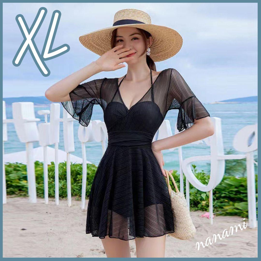 ◇ XL尺寸泳衣女士体型外套连衣裙黑色褶边喇叭