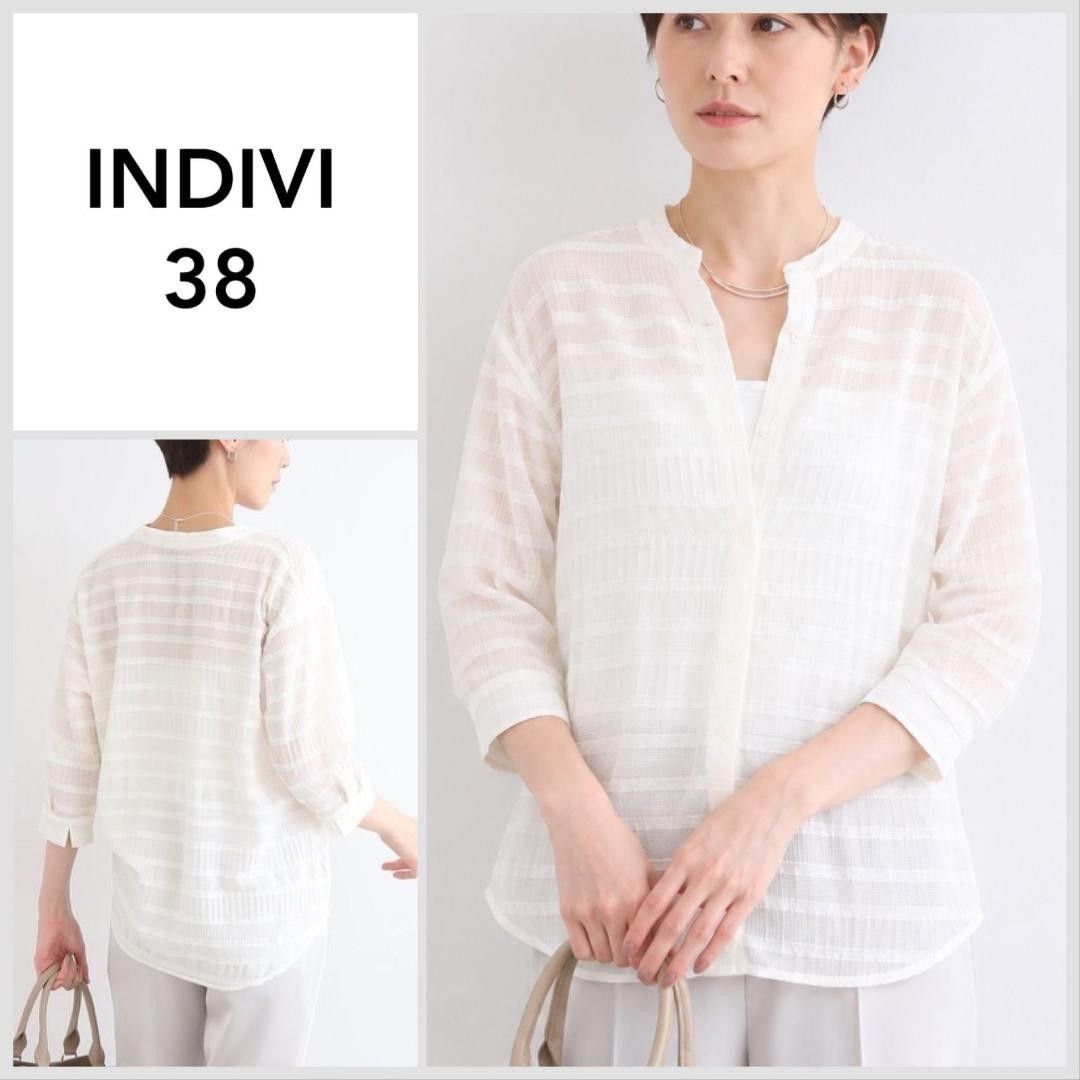 【美品♪】INDIVI シャーリング バンドカラー シアーブラウス アイボリー