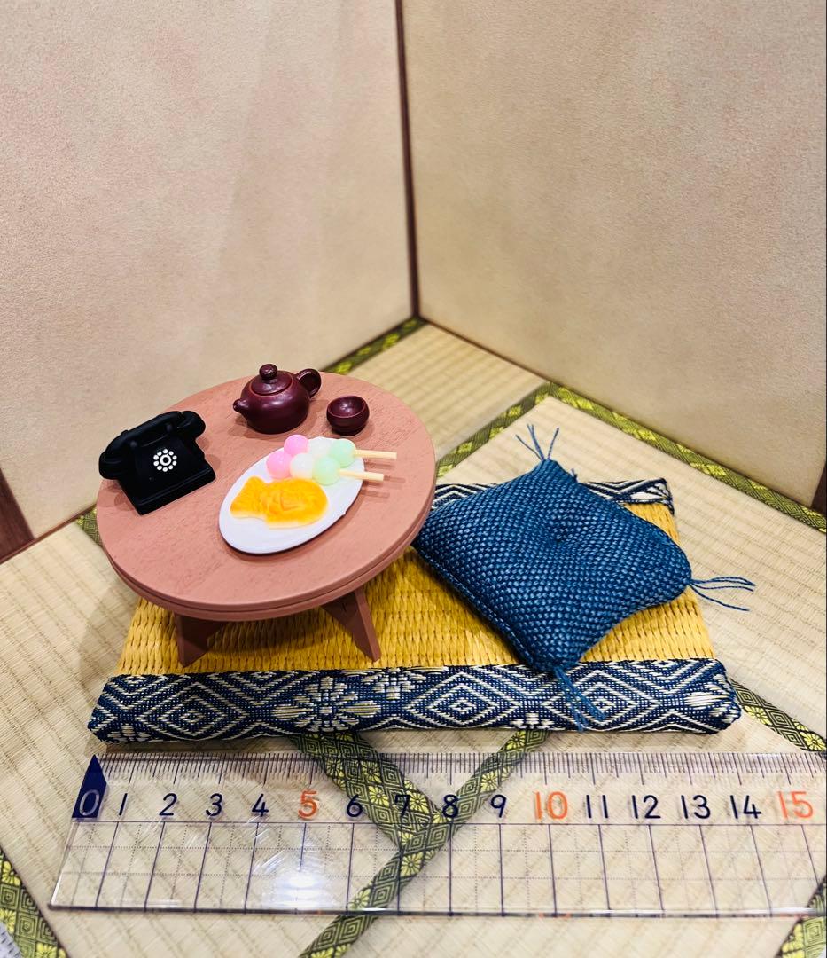 Okan's Break Miniature Japanese Room Set with Chabudai Table and Blue Cushion, Showa Retro Decor