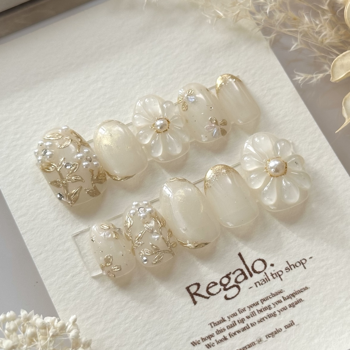 Nail tips, wedding nails, bridal nails, bride nails, white nails, flower nails, pearl nails, sparkly nails, glossy nails, pre-wedding shoot, dress, white kimono, nuanced gold