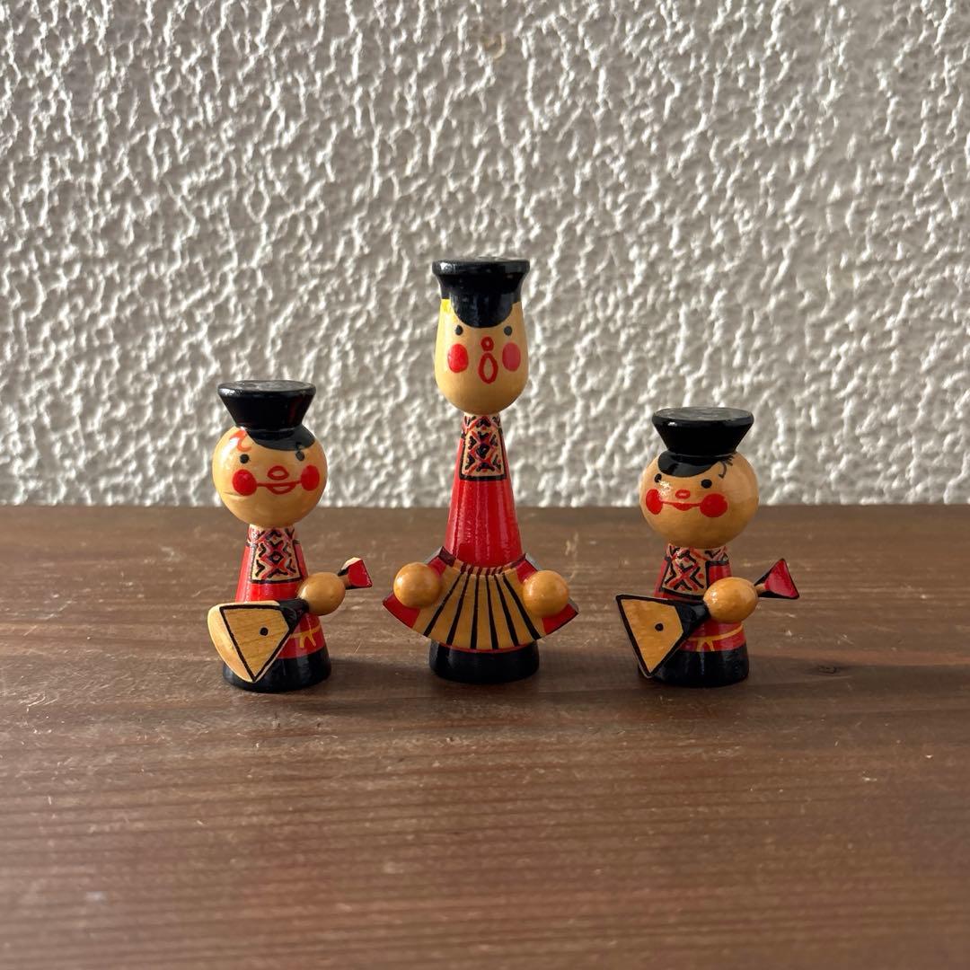 Vintage Wooden Dolls 3 Pieces Figurines Soviet Russia Miniature Accordion
