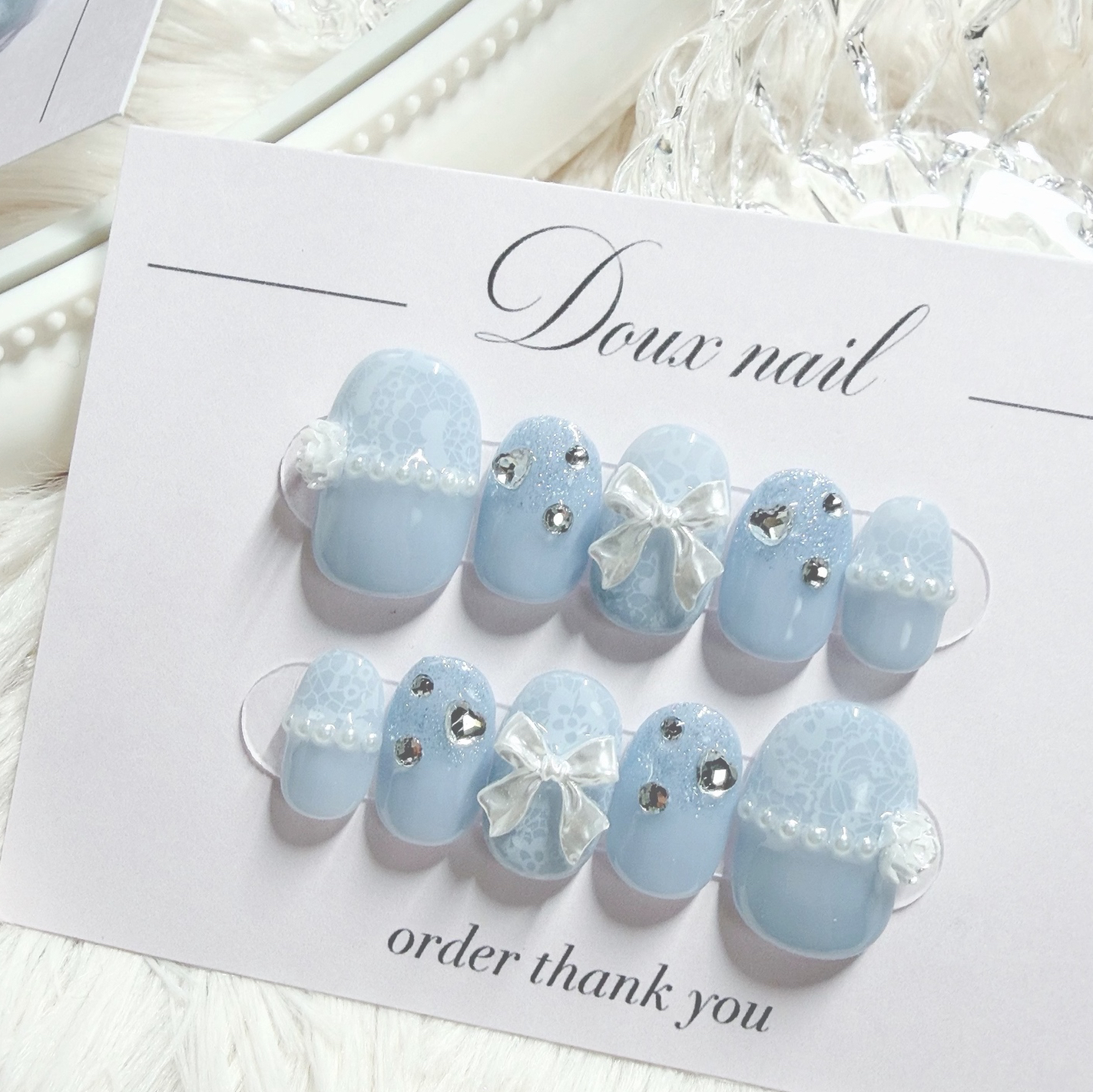 [Custom Size] Lace x Roses Mass-Produced Korean Nail French Girly Nail Tips Light Blue Ribbon