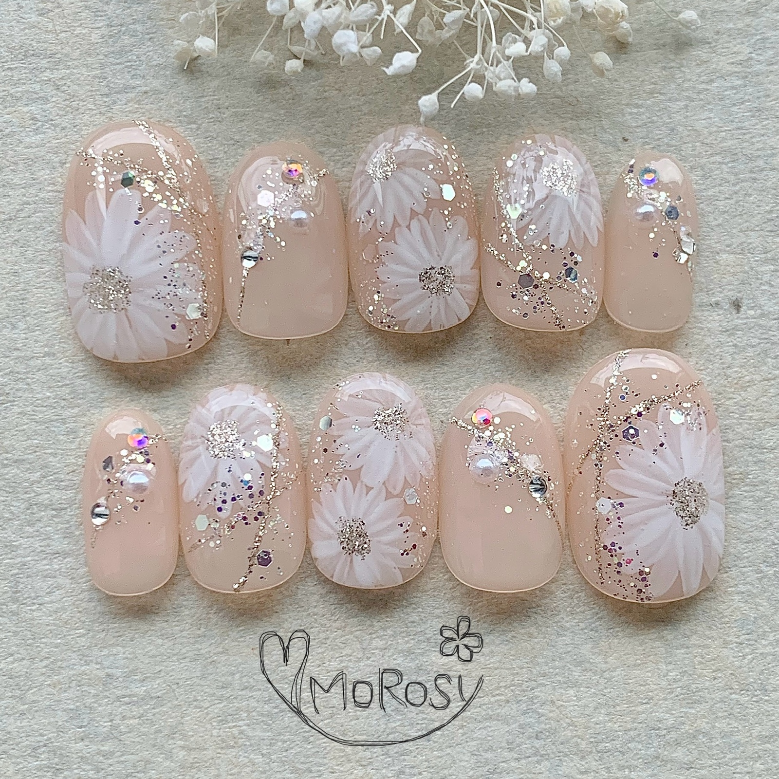 MOROSY-While supplies last; size cannot be changed. Bridal nails for weddings—white kimono, beige, floral design, simple and natural look with a touch of sparkle. Nail tips perfect for entrance and graduation ceremonies.