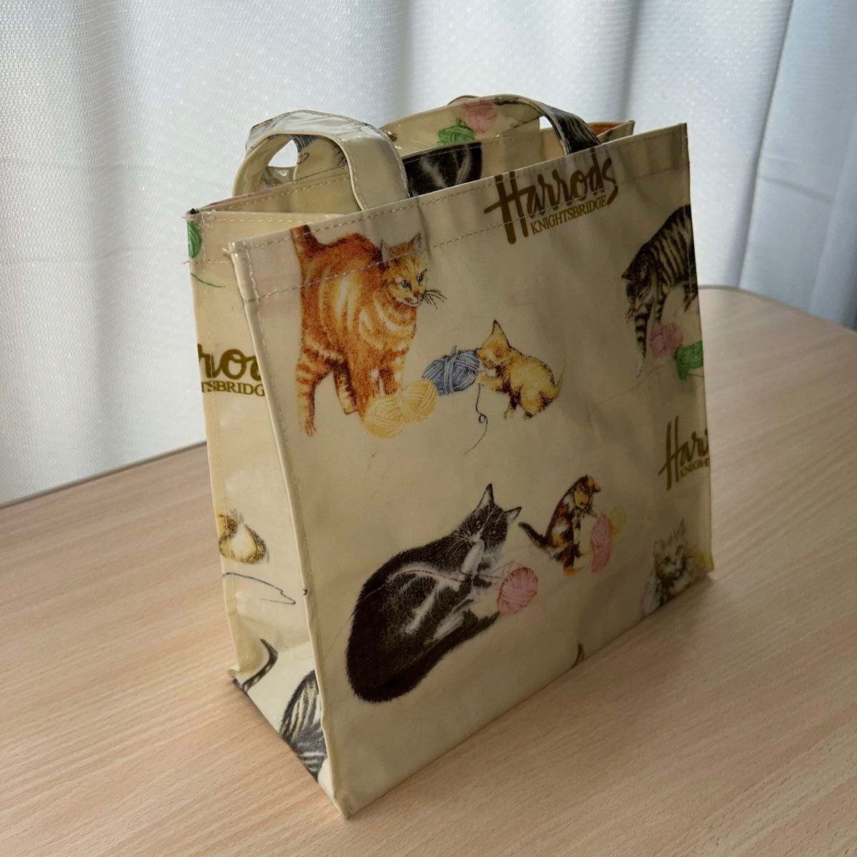 Harrods mini tote bag, cat pattern, beige