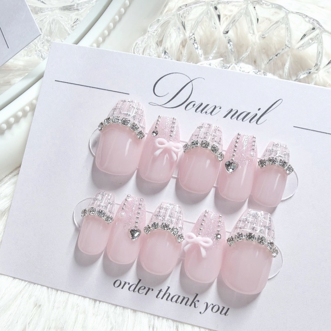 [Custom Size] Pink with Ribbon Tweed Nail Tips, French-Girly Style, Mass-Produced, Korean Nail Design