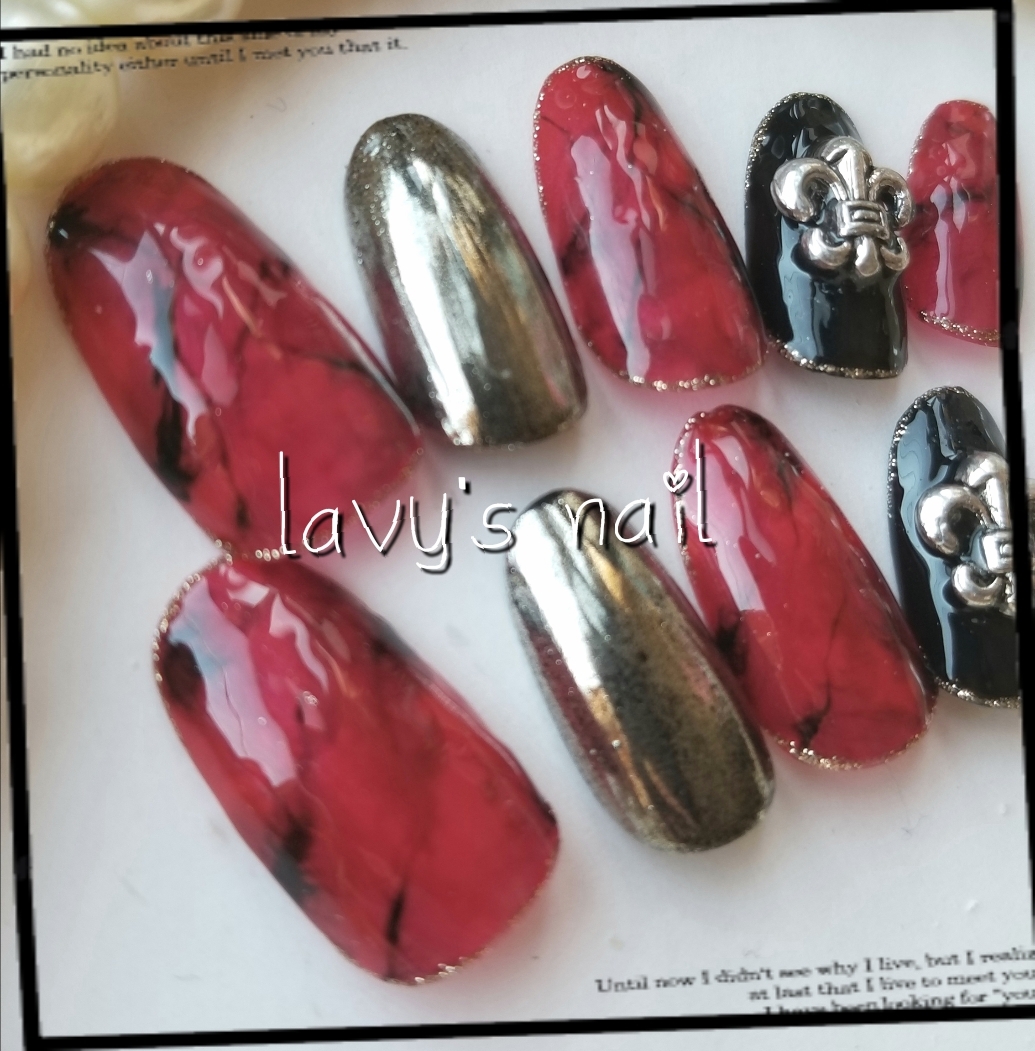 Chrome hearts style red marble ☆ mirror gel nail tip