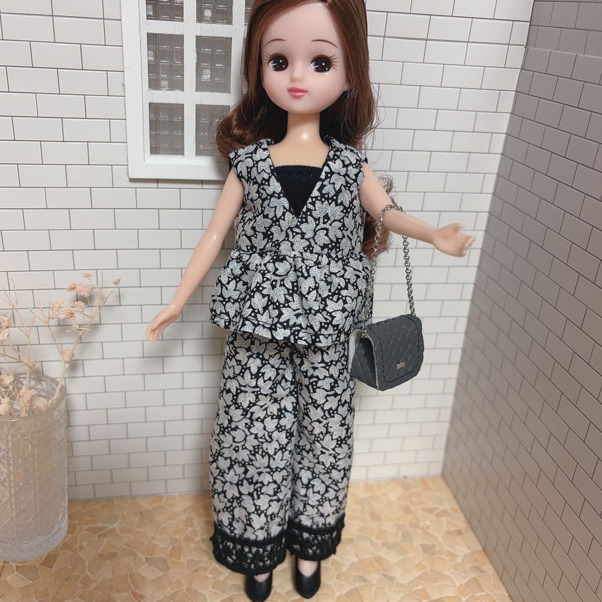 リカちゃん 22センチドール ハンドメイド服 セットアップ 花柄トップス＆パンツ ドール服 バック　セット