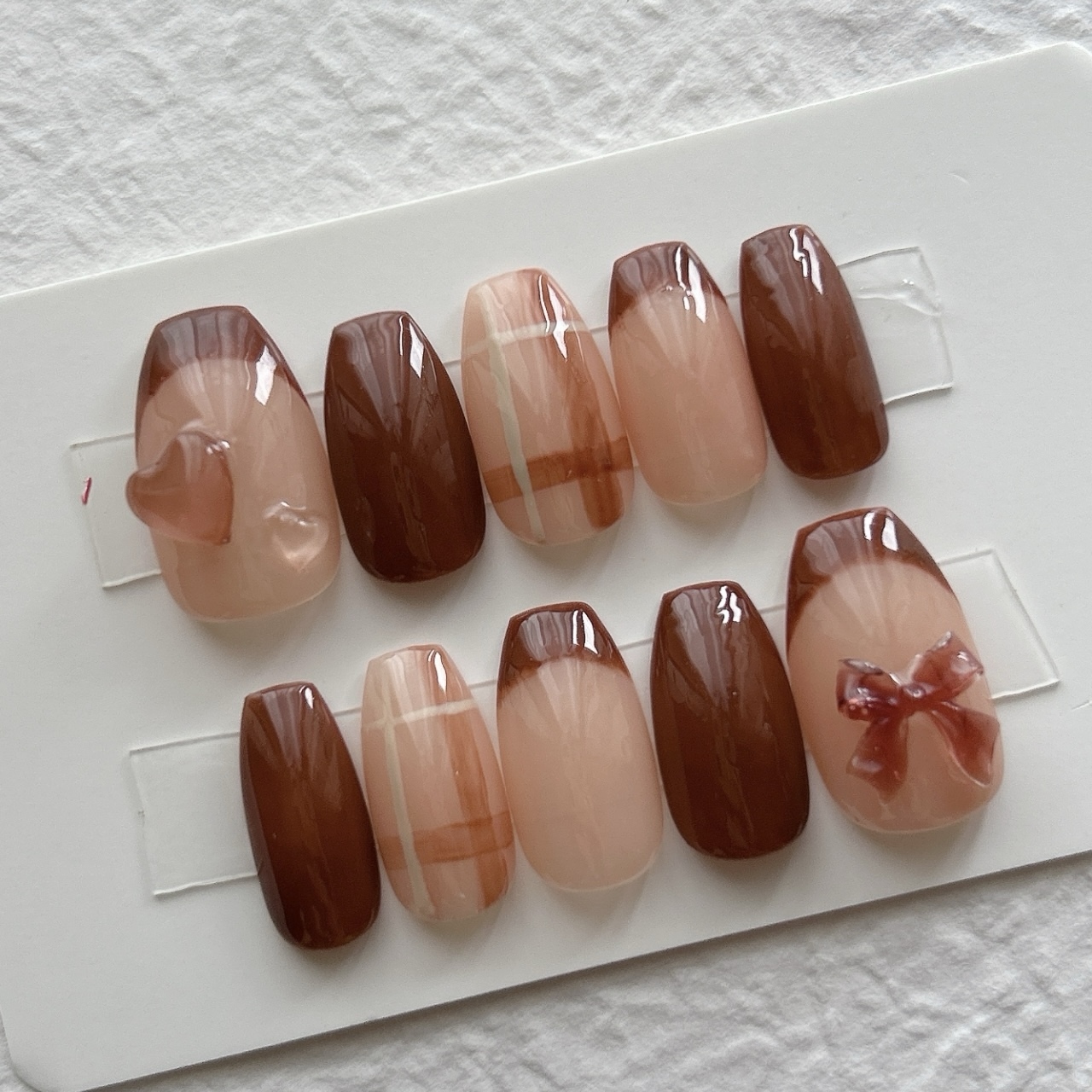 N74 Nail Tips Valentine Check Pattern French Girly Ribbon Heart