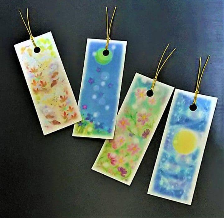 Autumn Mini Bookmarks (4 pieces) - Pastel Art Bookmarks featuring Cosmos, Autumn Leaves, Bellflowers, and the Moon