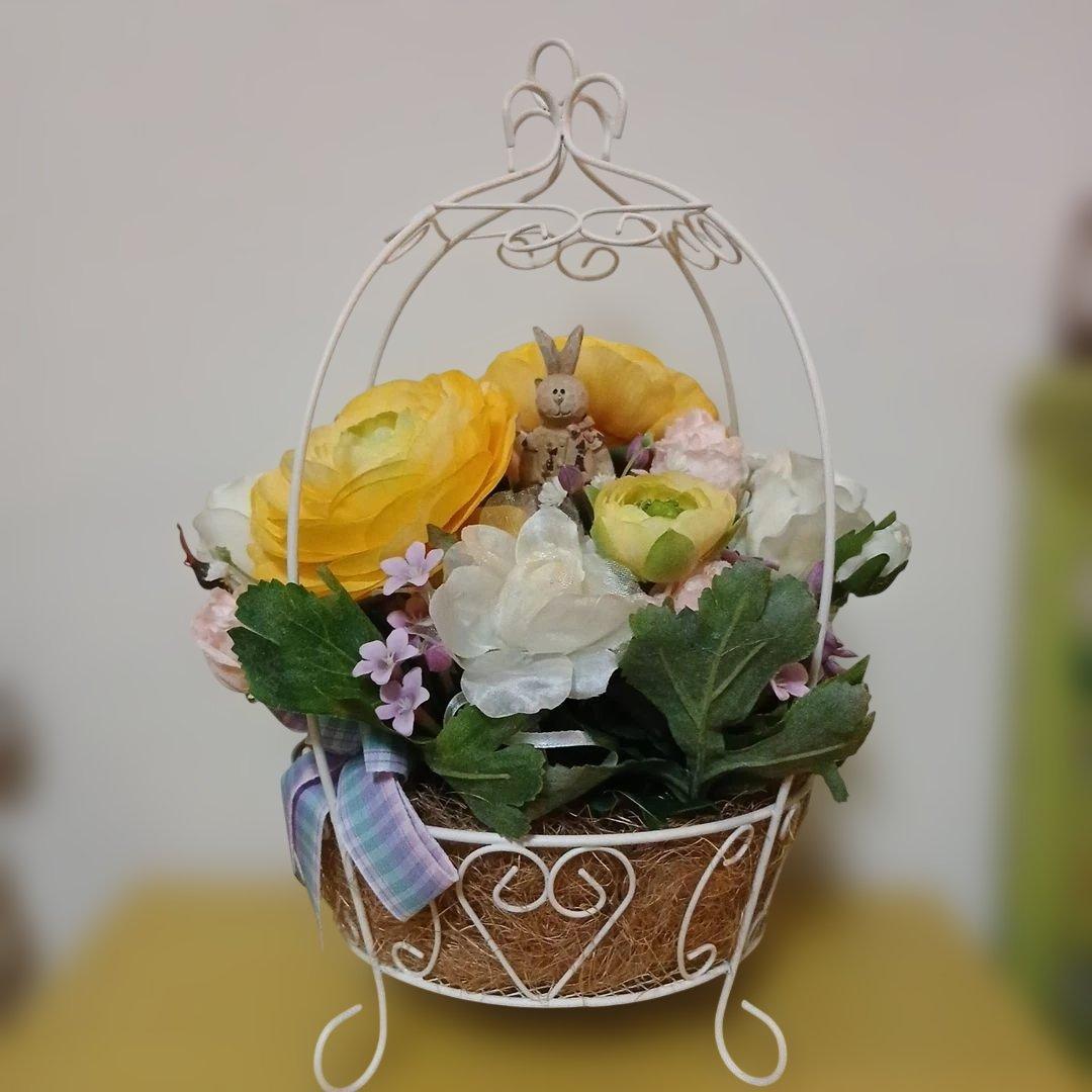 Artificial Flower Arrangement Birdcage Style Basket with Bunny Pick