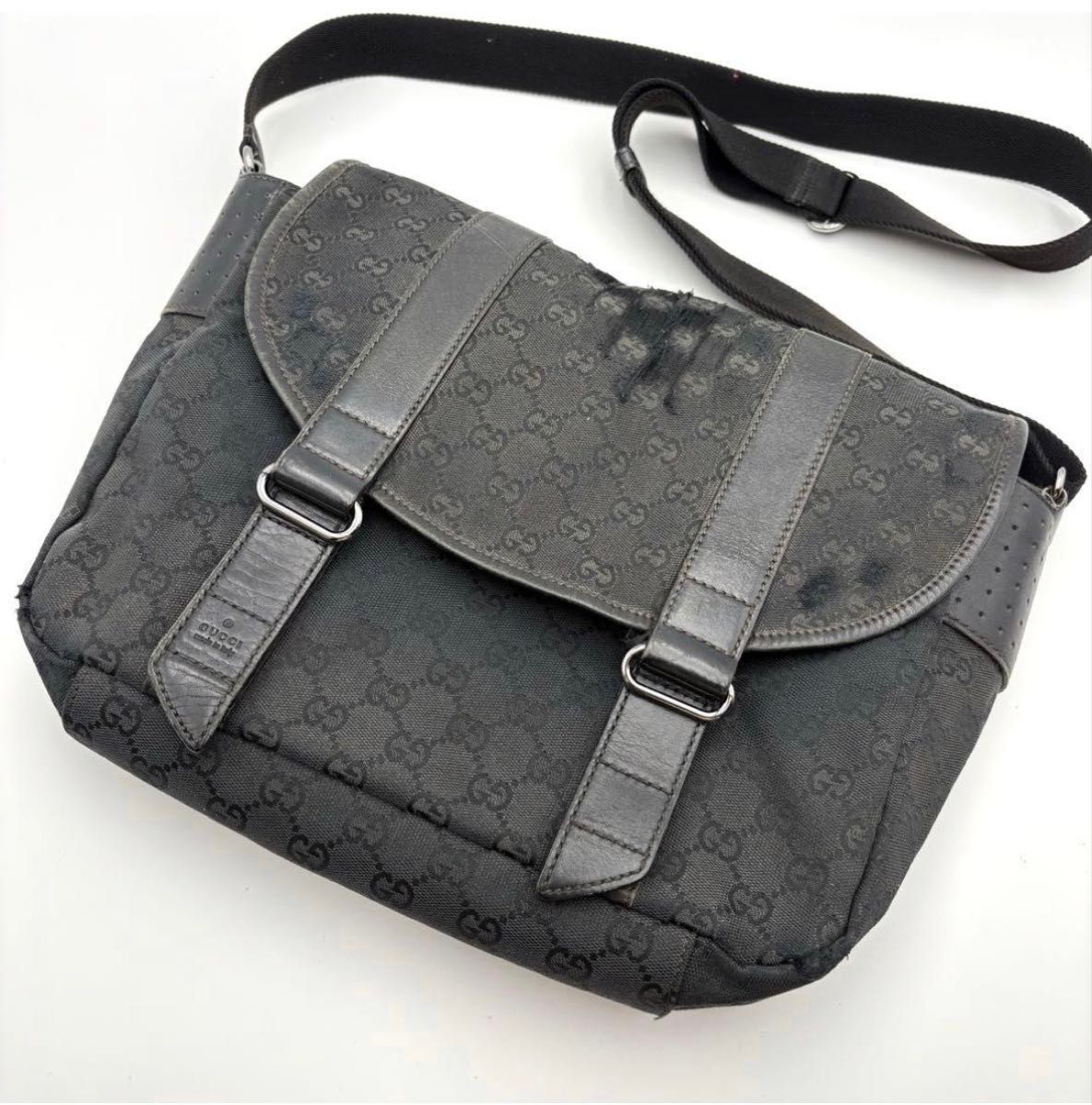 稀有 GUCCI Gucci 邮差包 单肩包 斜挎 跨身 GG 帆布 黑色 黑色 萨科什