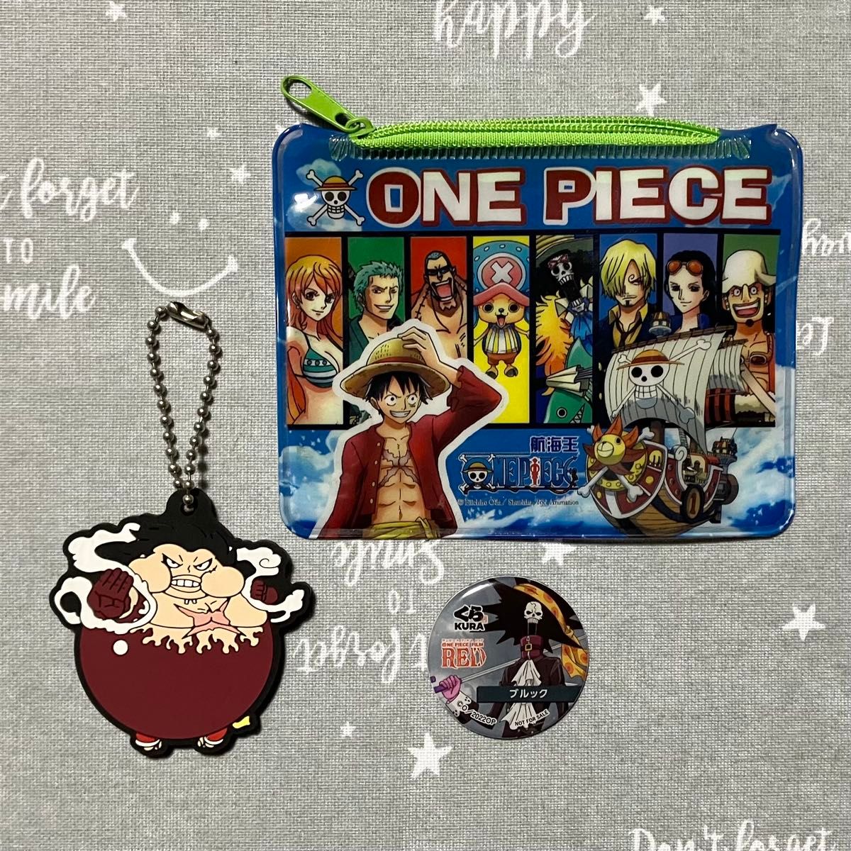 ONE PIECE merchandise, 3-piece set: clear vinyl pouch, Luffy Gear 4 Tankman rubber mascot, Brook magnet