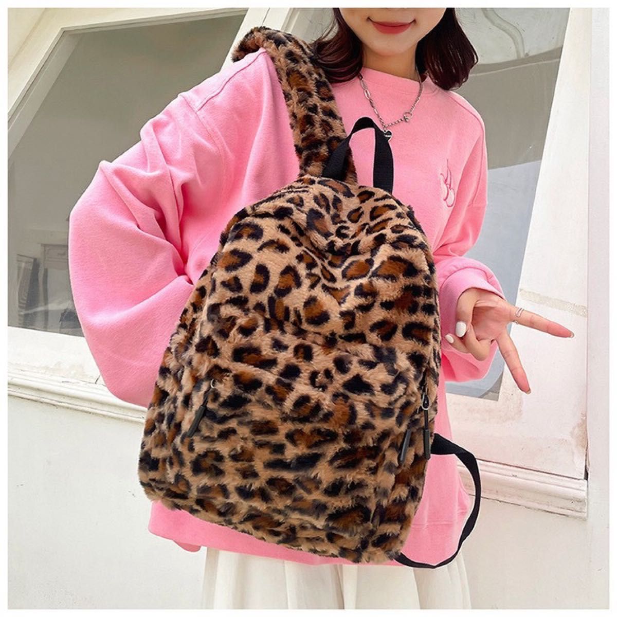 新品 豹纹毛绒双肩包 蓬松质感 豹纹背包 轻便