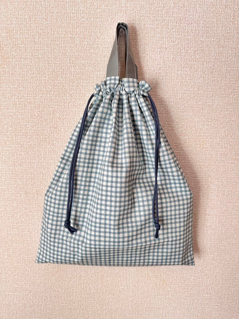 Latte Blue Gingham Check Drawstring Bag Gym Clothes Bag Changing Bag