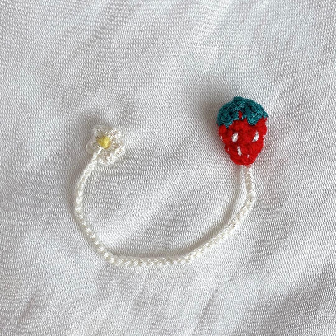 Hand-knitted Red Strawberry and Flower Bookmark Cable Tie Glitter White x Red