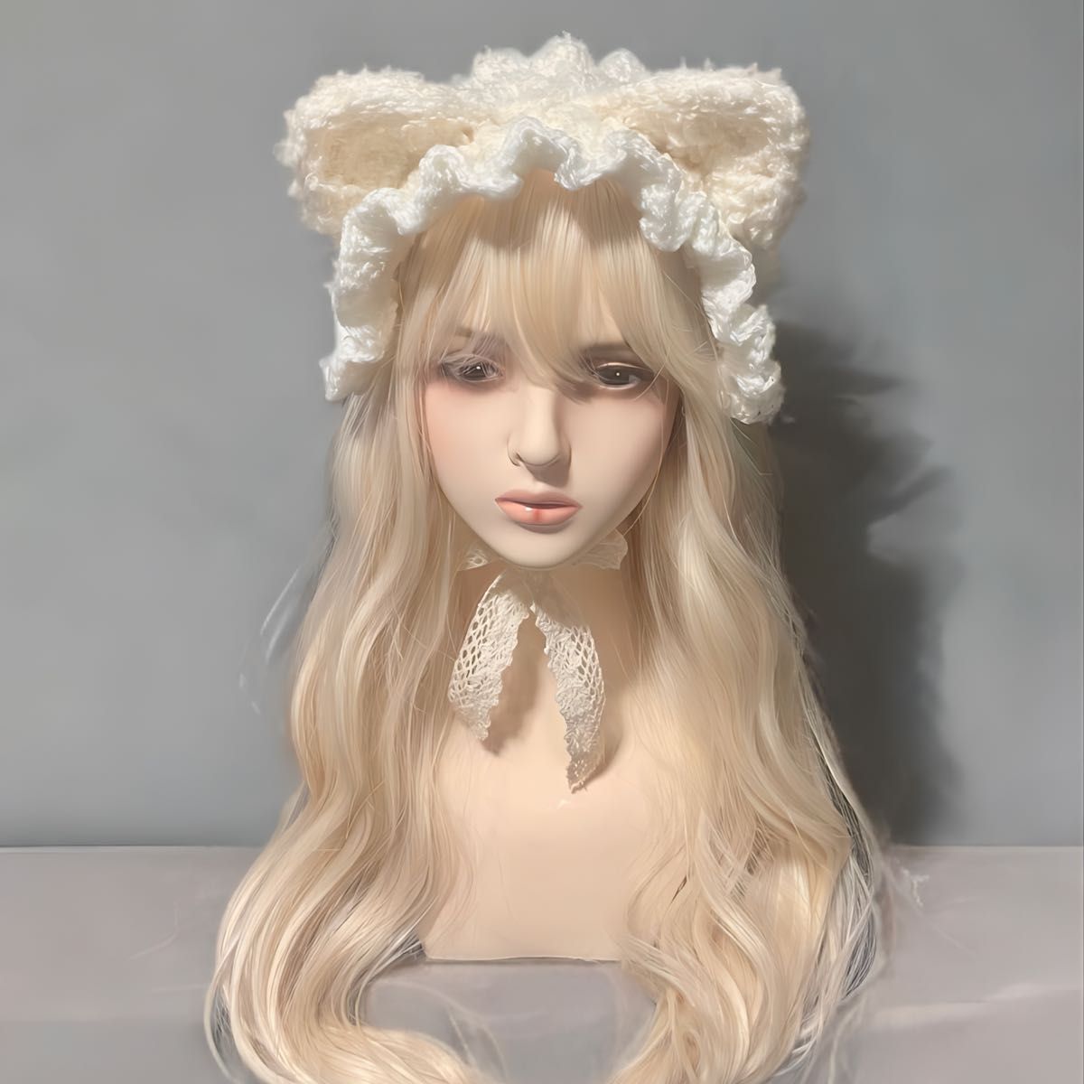 猫耳 ヘッドドレス 耳取り外し可能◯ ハンドメイド 耳付きヘッドドレス フリル 編み物 バンダナ バブーシュカ 猫 ロリータ