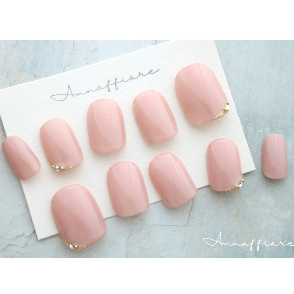 Classic Pink Simple Nail Tips (Gold Glitter & Crystal) / Annaffiare Snake Claw Ivory White Wedding Japanese Attire