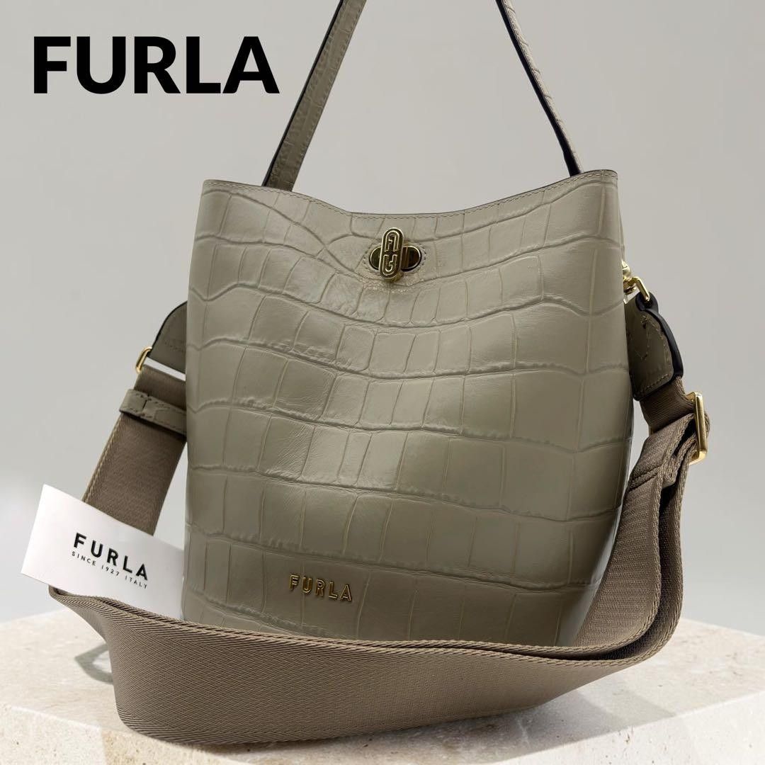 FURLA 弗拉 达娜埃 桶形包 两用单肩包 鳄鱼纹压花 手提包 灰色 单肩 搖桿鎖扣