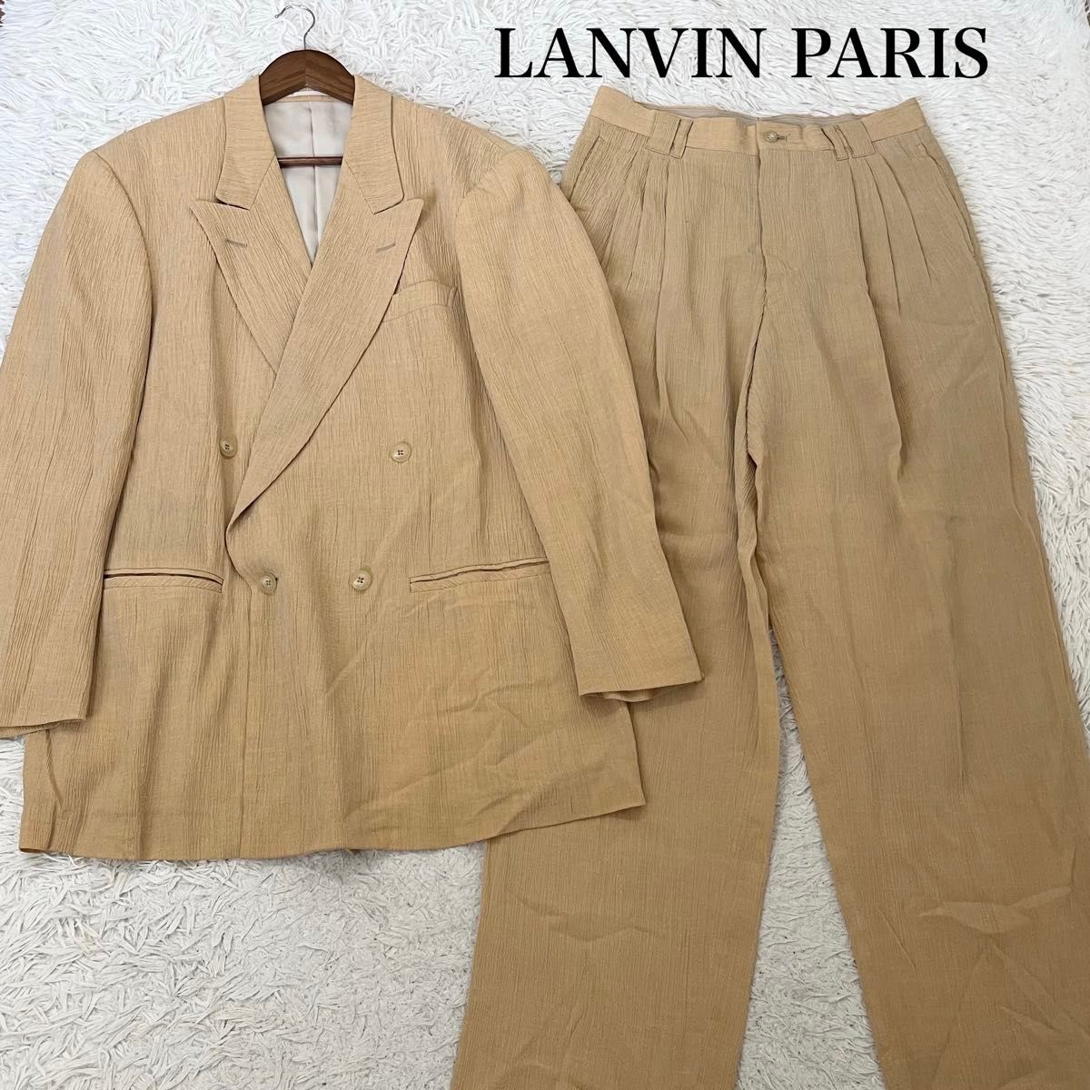 【希少】ランバン　LANVIN メンズ　ダブルスーツ　セットアップ　ストレッチ　背抜き　カジュアル　ベージュ　52