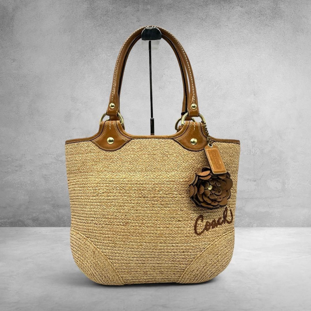 COACH Straw Tote Bag Leather Trim 2873