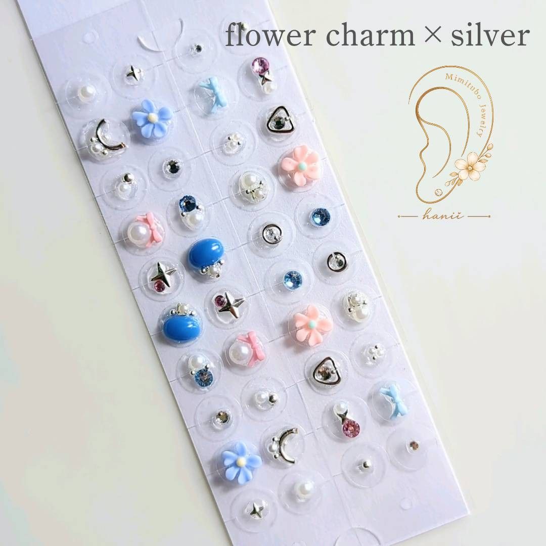 435】Ear Acupressure Jewelry Flower Charm Silver 40 Beads