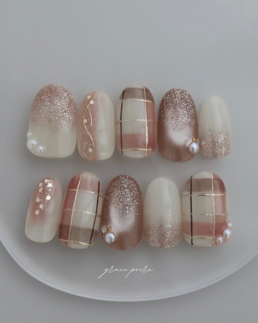 【October Limited: Mellow Check Rouge | Bridal Nail, Coming-of-Age Ceremony, Check Nail, Brown Nail, Magnetic Nail Tips