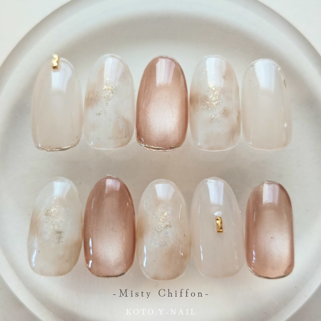 Misty Chiffon Nail Tips Autumn Tortoiseshell Light Color Glossy Hazy Nuance Nail Formal Bridal Wedding Coming-of-Age Ceremony Pre-Wedding Shoot Adult Simple Occasion Wear