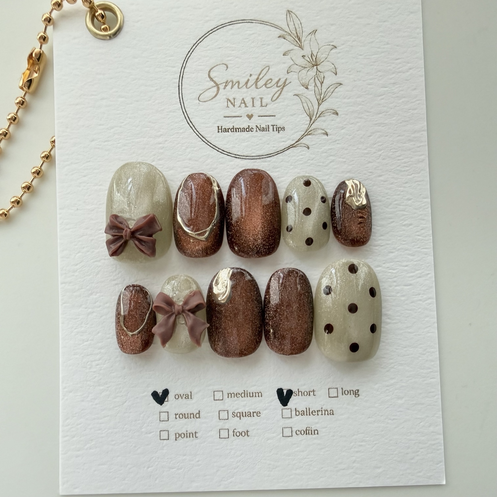 《466 Autumn Nails | Nuance | Nail Tips | Dots | Brown | Ribbon | Magnet