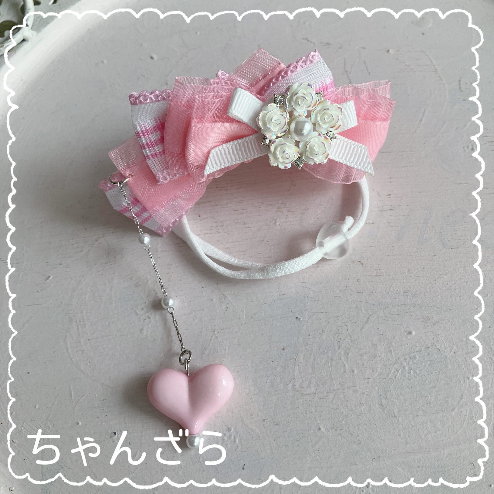 💖 摇曳心形娃娃的蝴蝶结头饰（白玫瑰×粉色）)