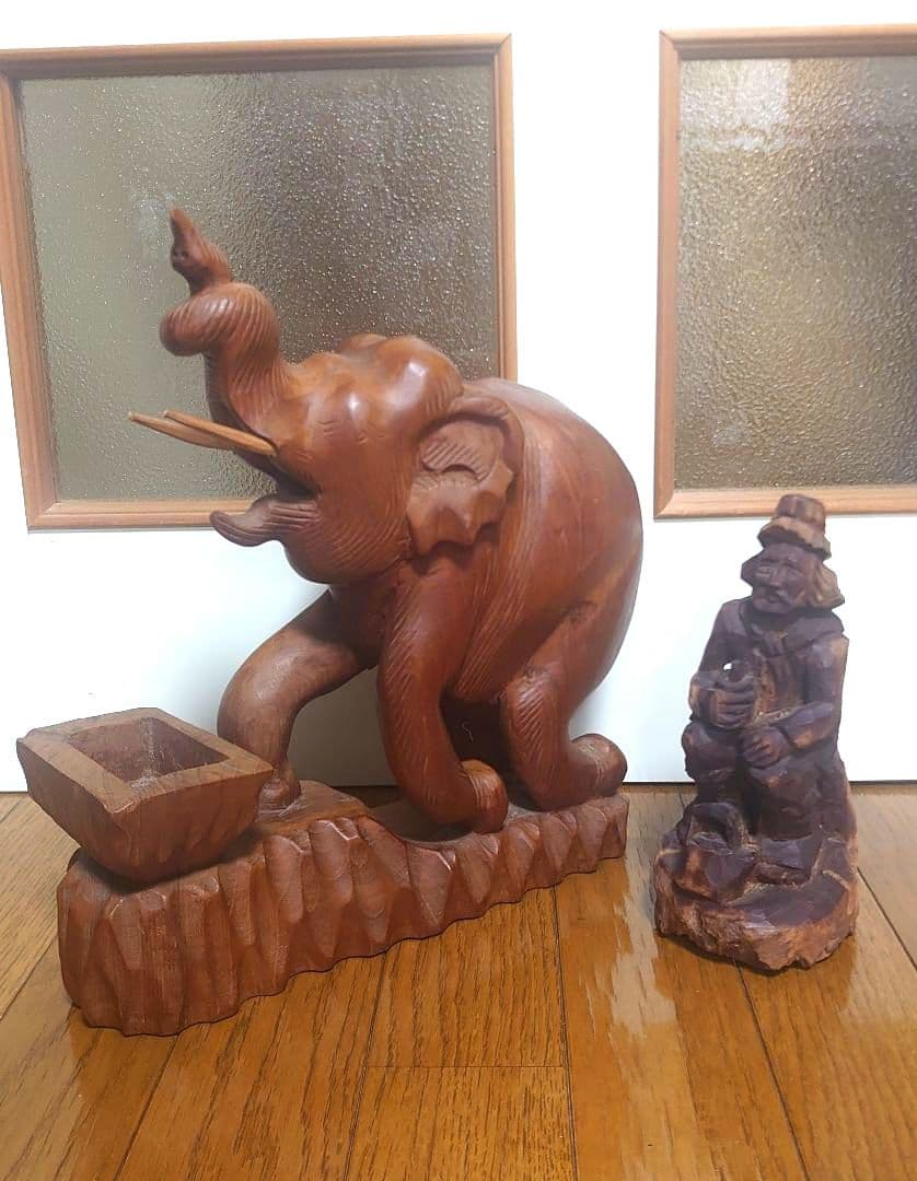 木雕 大象 烟灰缸 人偶 摆件 2件套