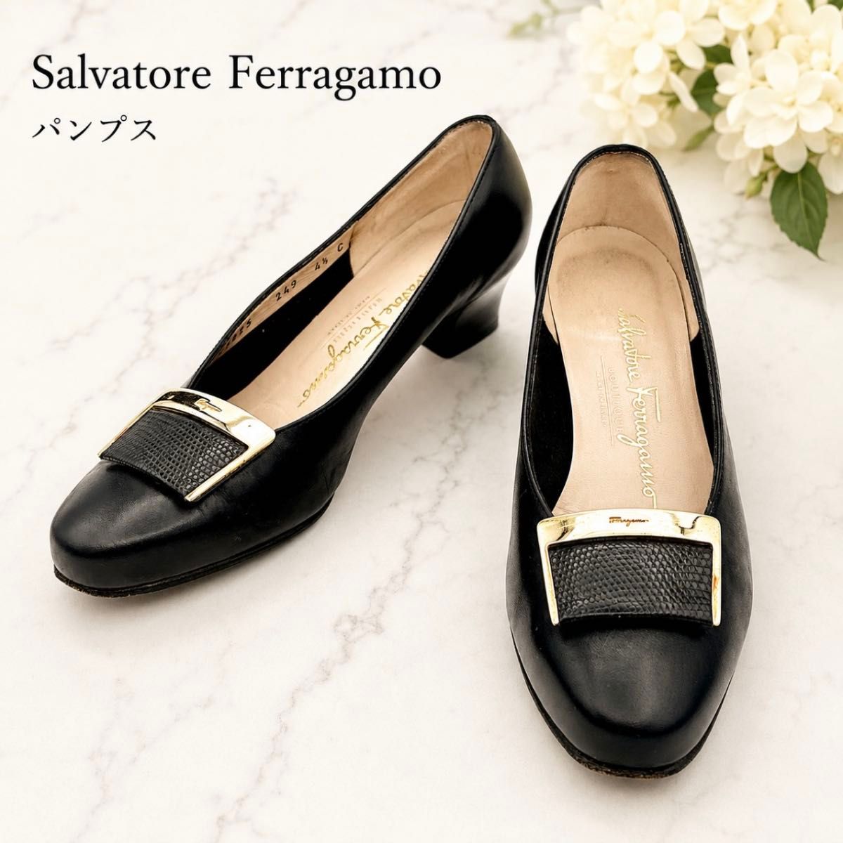フェラガモ ガンチーニ パンプス ブラック レザー ヒール4cm 4.5C ゴールド金具 イタリア製 Ferragamo
