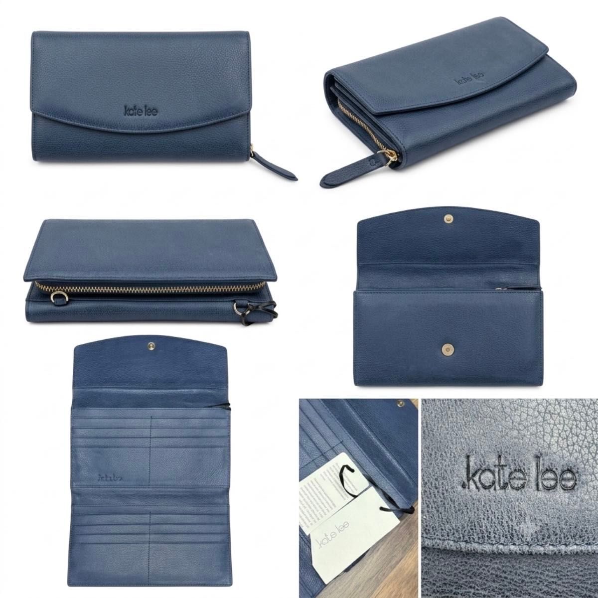 Like-new Kate Lee genuine leather wallet bag, blue chain-strap wallet, navy leather, genuine leather long wallet.