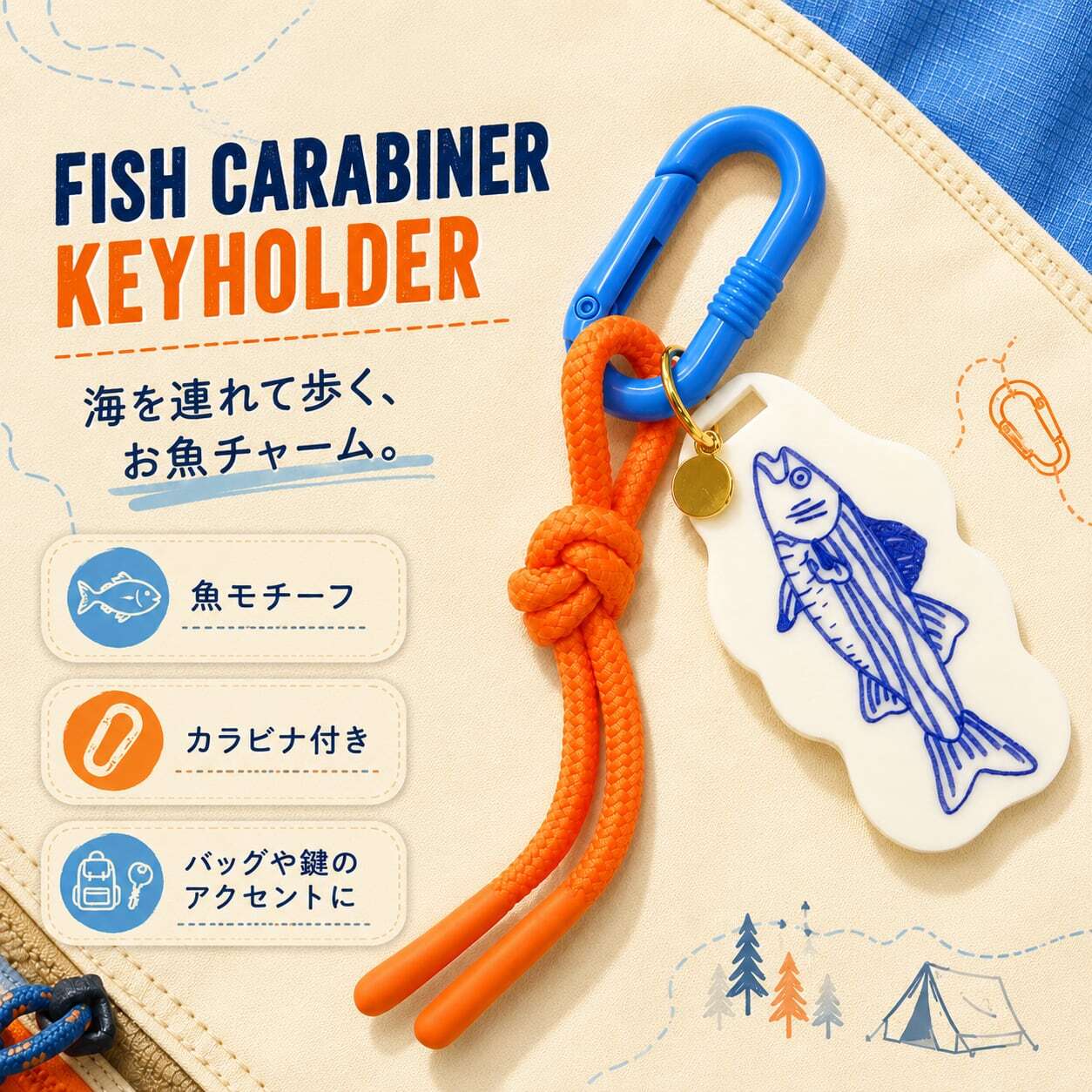 【 小鱼卡拉比纳钥匙扣 橙色绳索款 鱼形图案 海洋风饰品 包挂饰 钥匙挂件 小包背包户外钓鱼海边夏季小物件