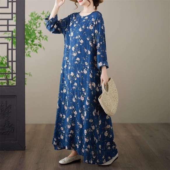 复古棉麻长袖碎花连衣裙，早秋宽松大码女装显瘦休闲亚麻长裙