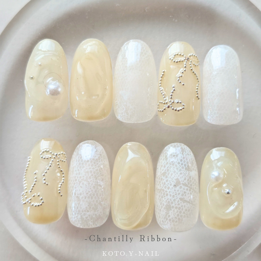 Chantilly Ribbon Nail Tips Nuance Nail Bridal Wedding Coming-of-Age Ceremony Adults Cute Sparkly Lace Pre-Wedding Photos Pearl Yellow Girly Nail
