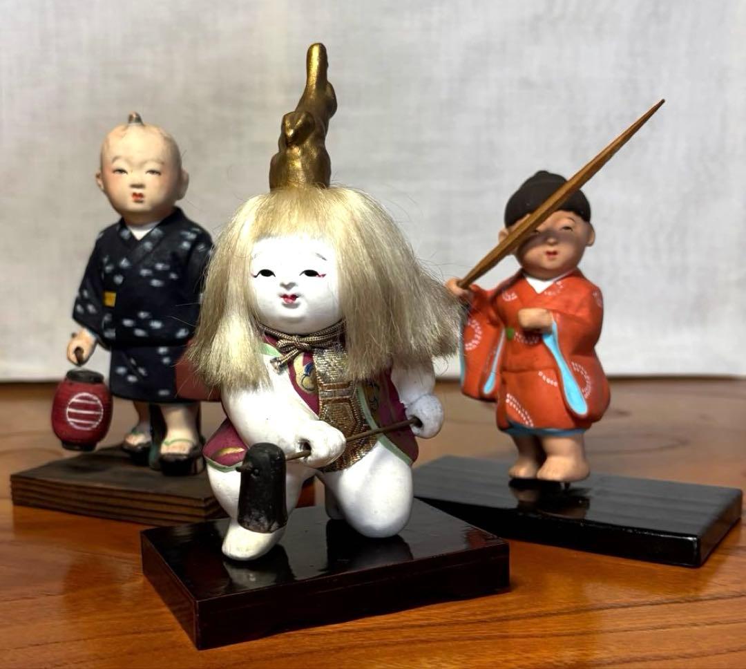 【昭和复古】博多人偶风格 儿童人偶 3件套 和风摆件 乡土玩具 传统工艺品