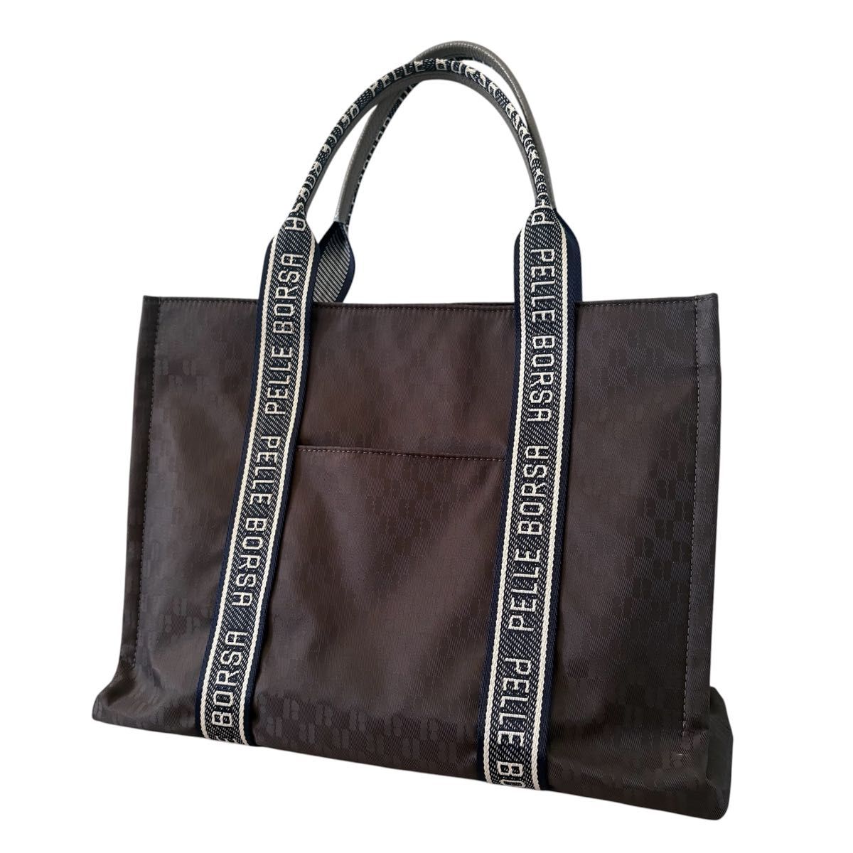 【美品】PELLE BORSA ペレボルサ リーサ トートバッグ チャコール ジャガードテープ