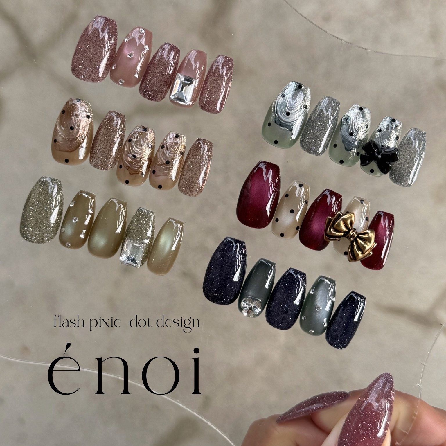 Nail Tips *enoi Pixie Magnet Flash Muted Pastel Autumn/Winter Navy Pink Khaki Bordeaux Light Blue Dots Ribbon Hearts Girly Nuance